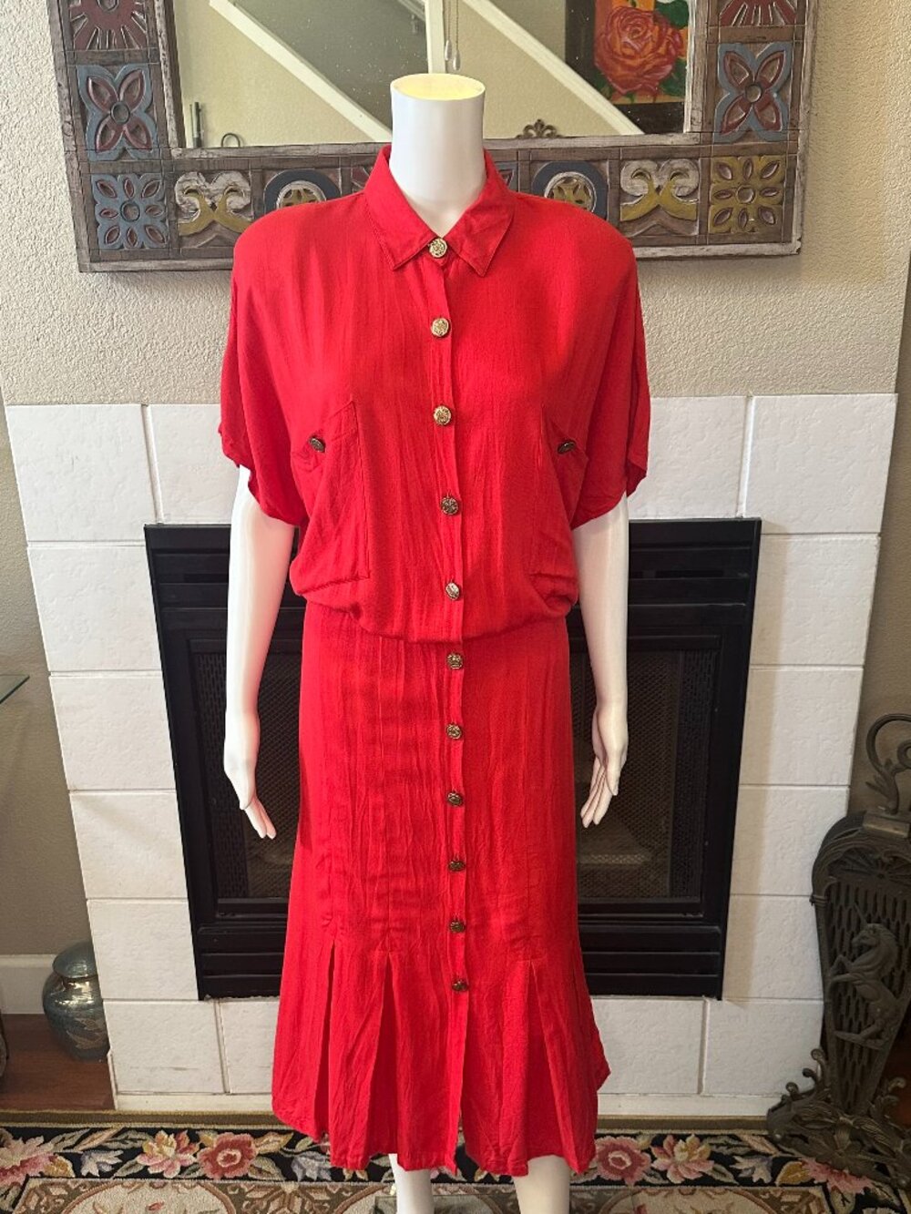 Avon Fashions Women’s Red Dress Size13/14 Rayon Vintage Buttons ~ small hole~